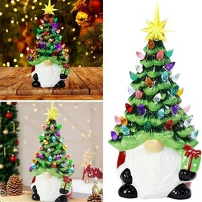 Battery Operated Glowing Resin Gnome Ceramic Christmas Tree LEDs Cute Holiday Table Centerpiece Home Decor For Kids Women