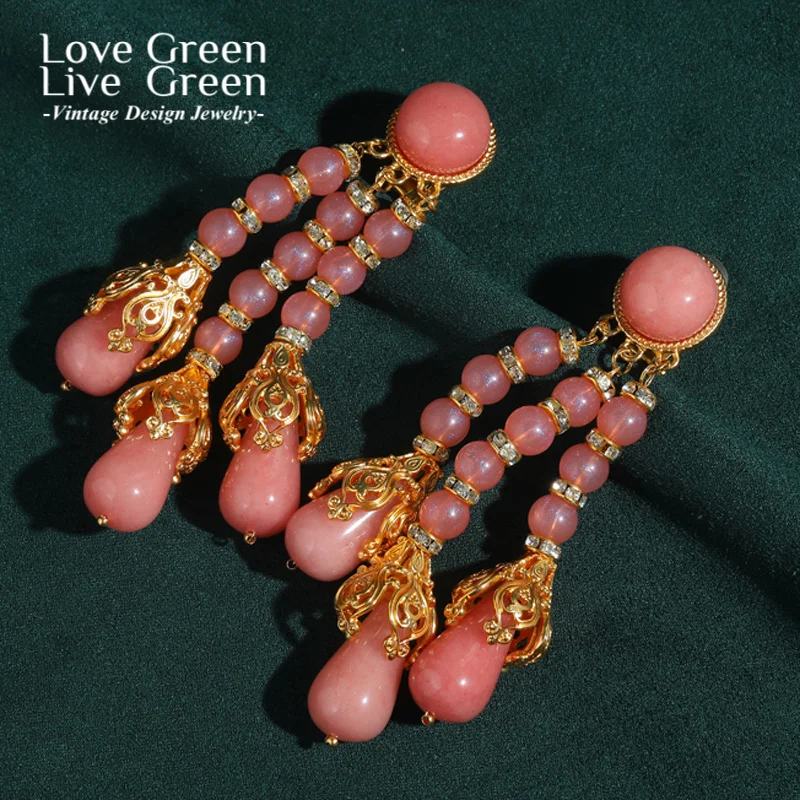 

Big Pink Large Earrings Vintage Natural Stone Tassel Drop Water Droplet Bead Rose Quartz Luxury Quality Designer Jewelry 2025