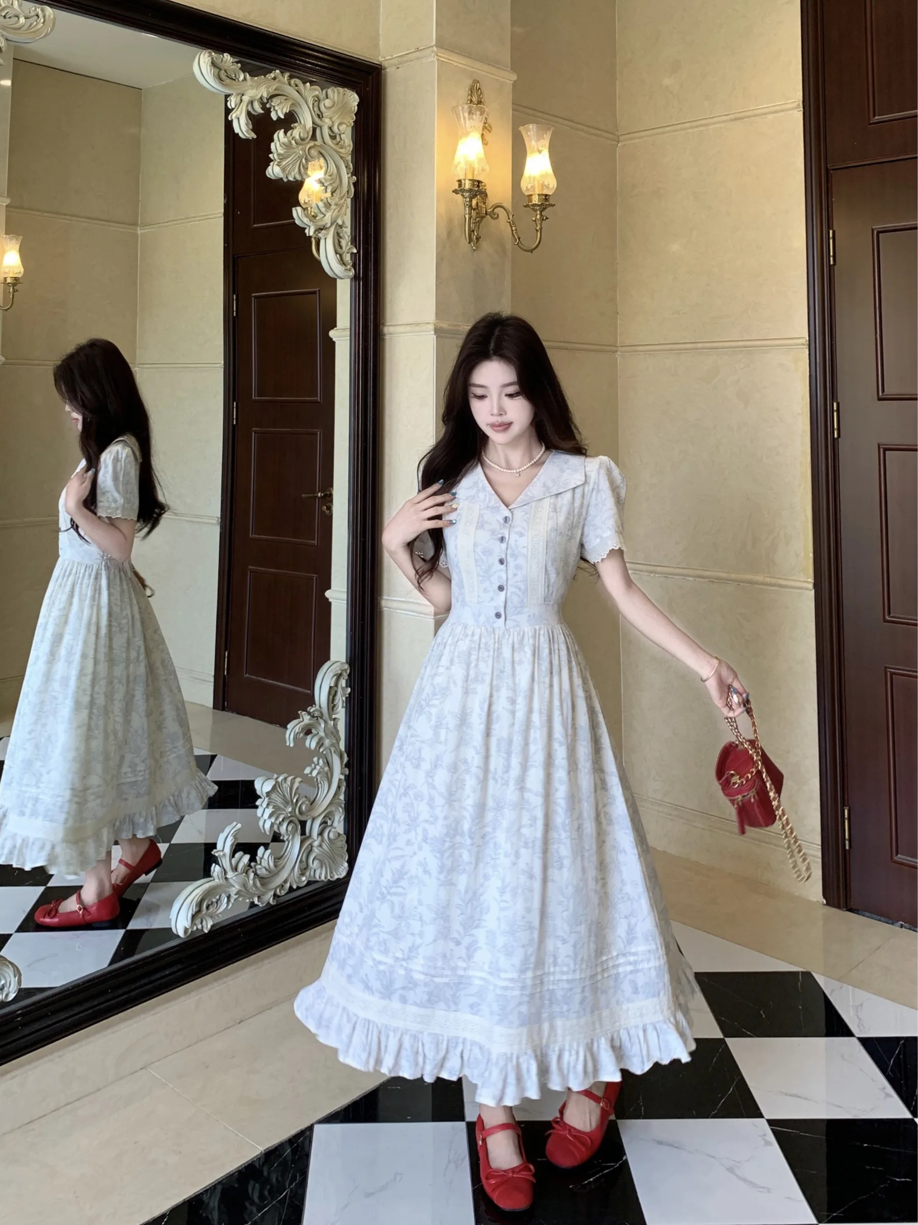 

plus Size Floral Print Dress V-Neck Short Sleeve A-Line Midi Dress Slimming Effect Summer New Style Korean Style High Waist