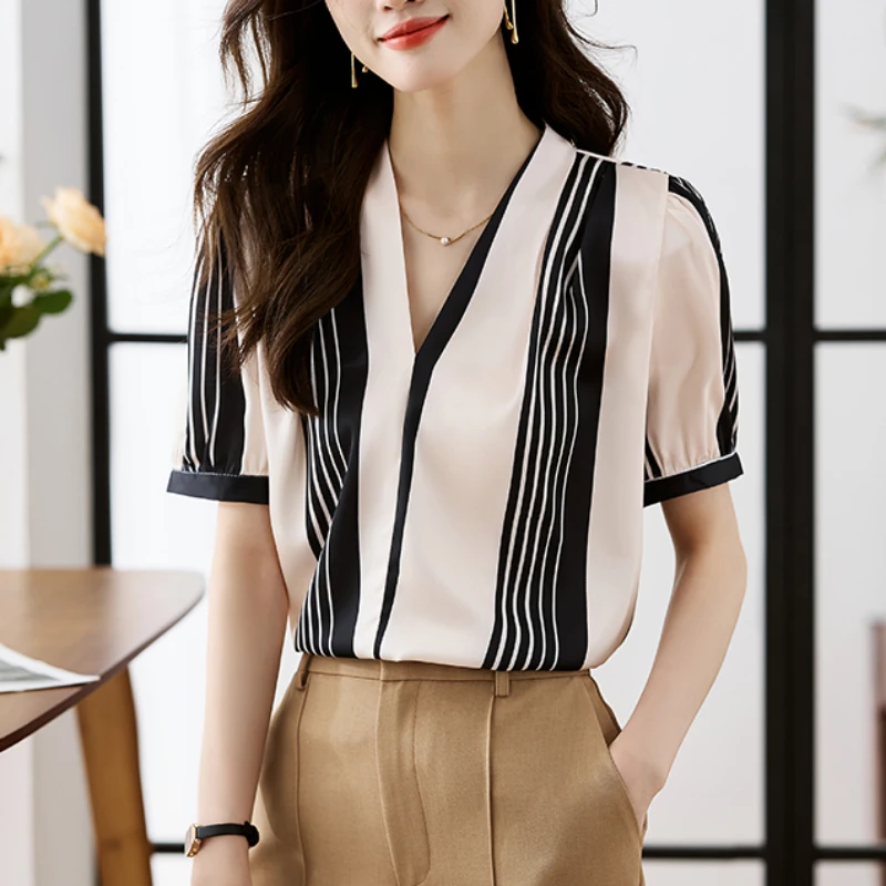 Summer New Women's Shirt Short Sleeve Blouse V-neck Striped Chiffon Shirts and Blouse Fashion Women Tops Casual Shirts for Women