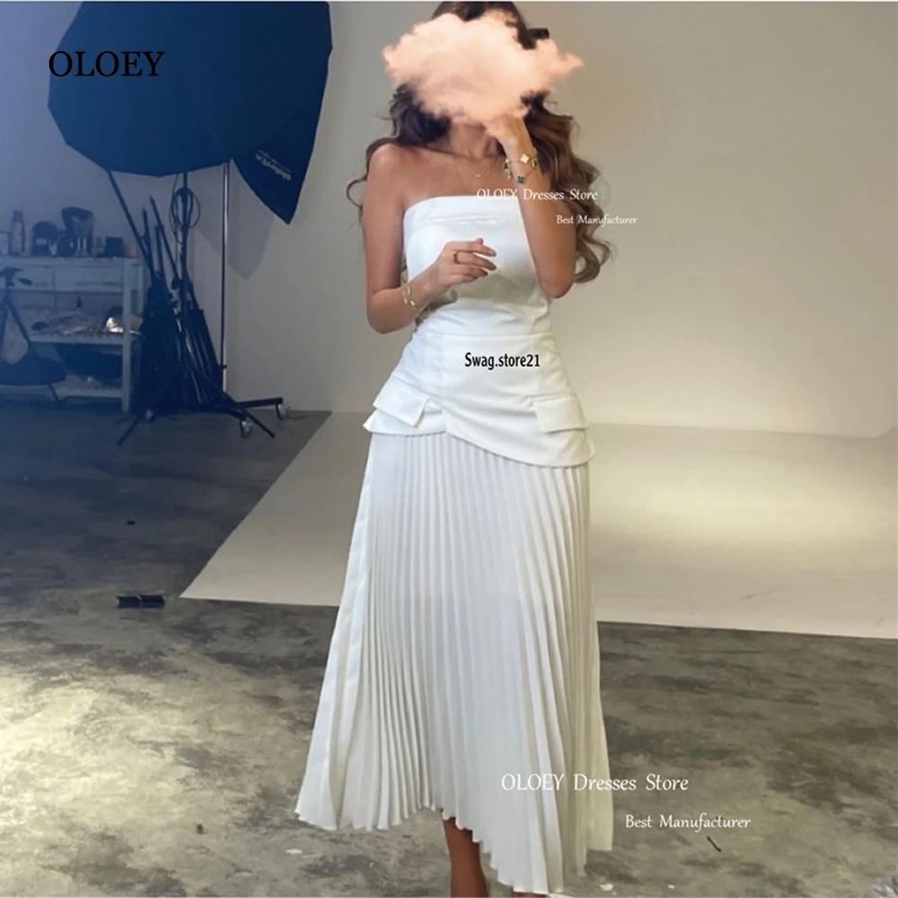 OLOEY-vestido branco sem alças de cetim plissado para mulheres, vestidos de festa, saia até o tornozelo, vestidos formais de baile, evento noturno, saudita e árabe