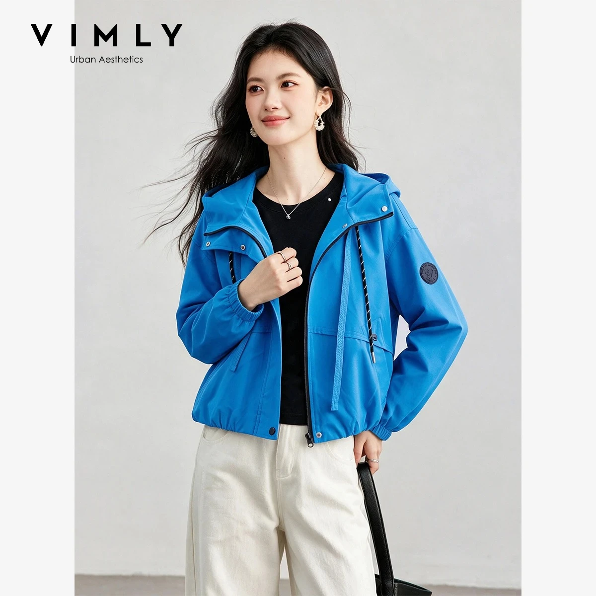 VIMLY Blue Women's Jacket Sports Casual Zip‑up Hooded Short Coat 2026 Autumn Fashion Windproof Loose-fit Outwears Female 31559