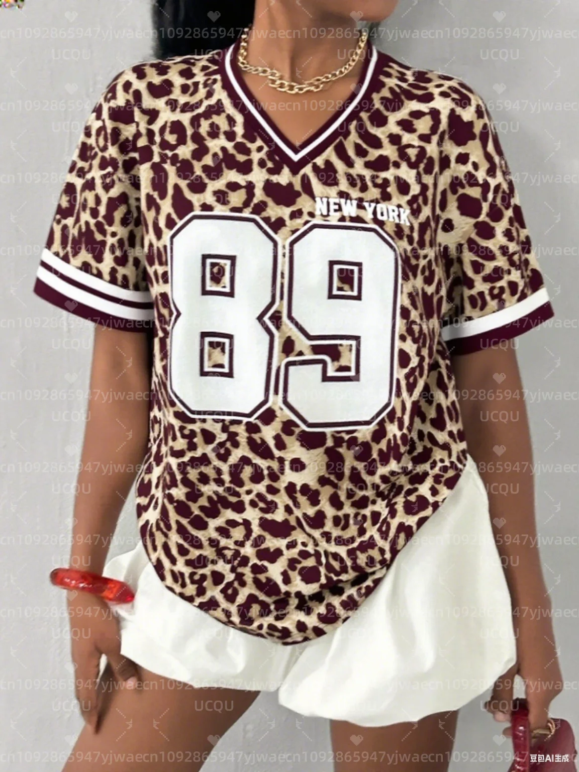 NEW YORK Leopard NO.89 Print V-Ausschnitt Damen Kurzarm T-Shirt Sommer Grafik T-Shirt Baseball Trikots Plus Size Sport T-Shirt
