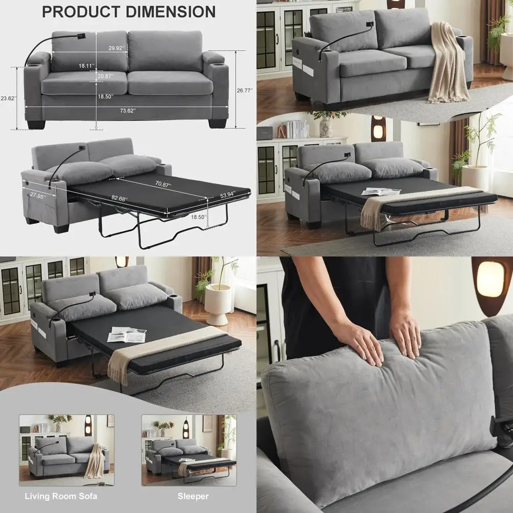 

Oversized 3-in-1 Convertible Sofa Bed with Adjustable Backrest, Chenille Fabric Loveseat Sleeper, Pillows & Side Pockets