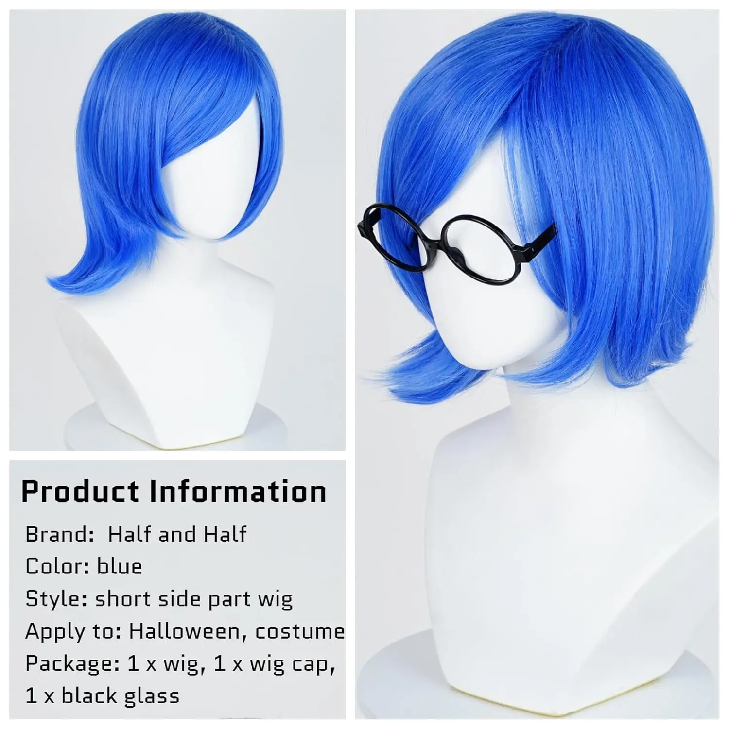 Wig Bob Biru Pendek Topi Wig Kacamata Hitam Wig Kostum Cosplay Emosi Anime Biru dengan Poni Bagian Samping Rambut Sintetis