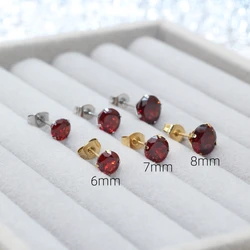 6 7 8mm Round Promegranate Red AAA Zircons Stainless Stell Stud Earrings Golden IP Plating No Fade Allergy Free