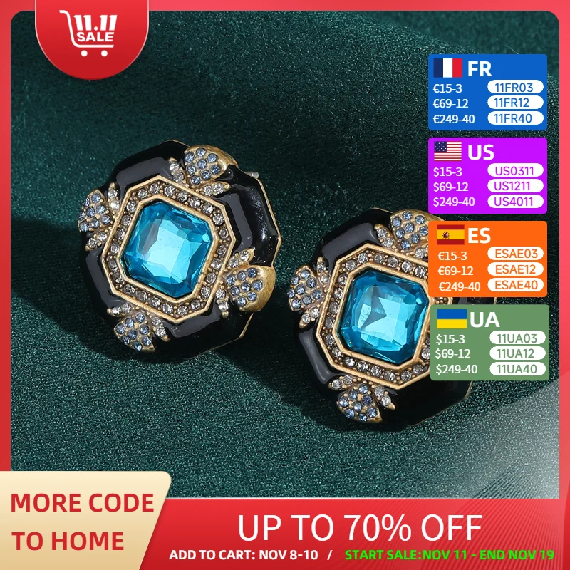 

Vintage Round Square Crystal Earrings For Woman Stud Luxury Aquamarine Black Enamel Accessories Wedding Trendy Jewelry 2025 New