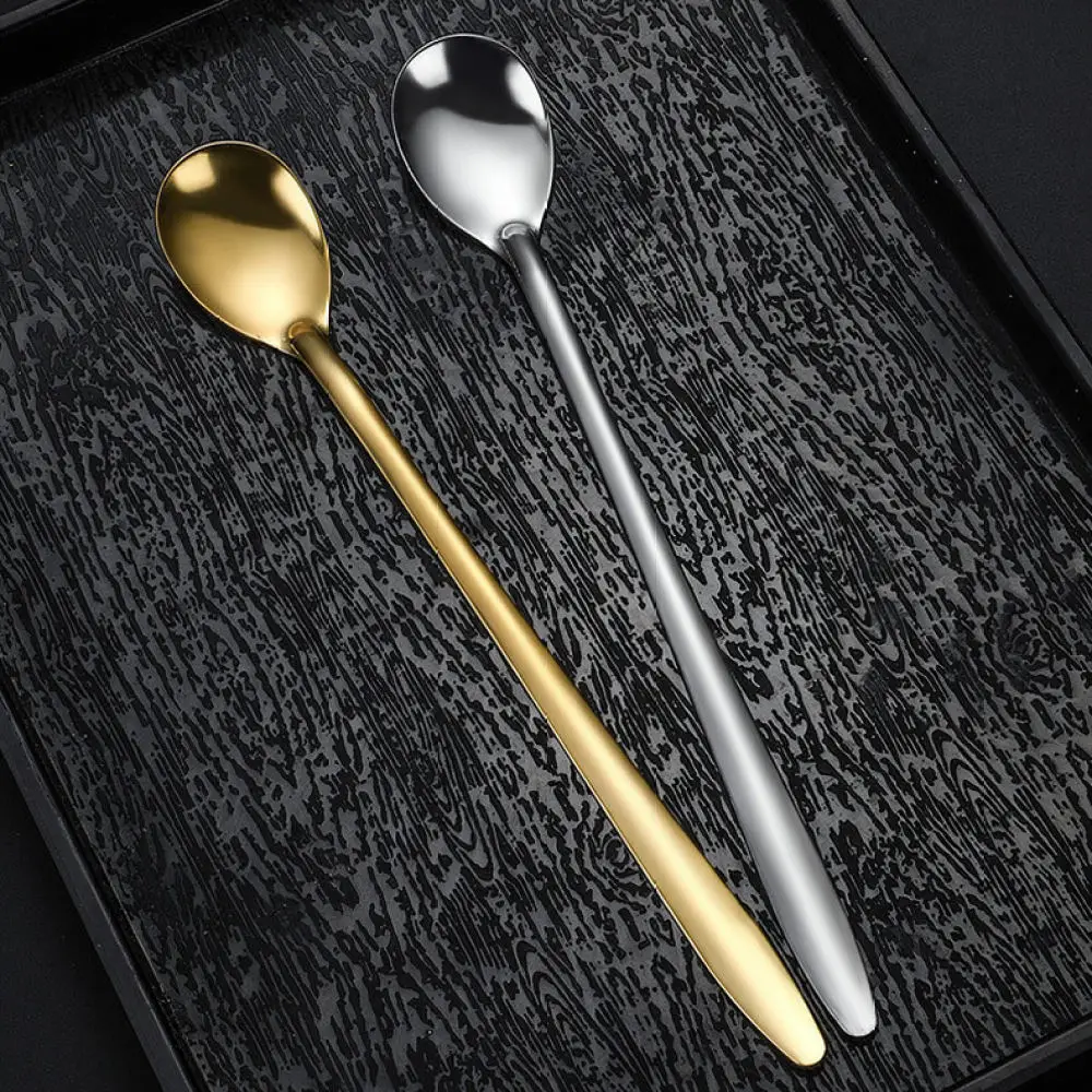 Modern Minimalist Stainless Steel Spoon Gold Silver Finish Long Spoon For Ice Cream Dessert Coffee Mixing Utensils