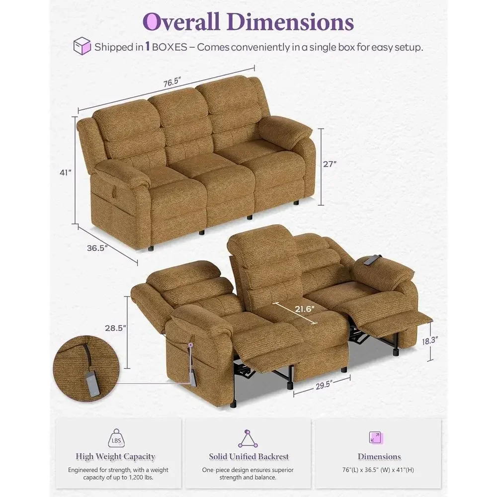 Power Reclining Couch, 3 Seater Electric Reclining Couch with Dual Motand Remote Control, Chenille Couch w/Side kets or Living R