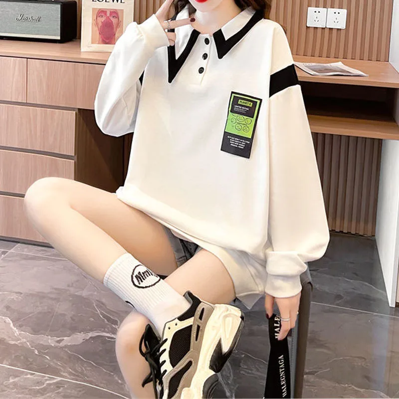 New Autumn, Spring, and Autumn Fashion Trend Patchwork Contrast Polo Collar Thin Loose Versatile Simple Female Student Sweater