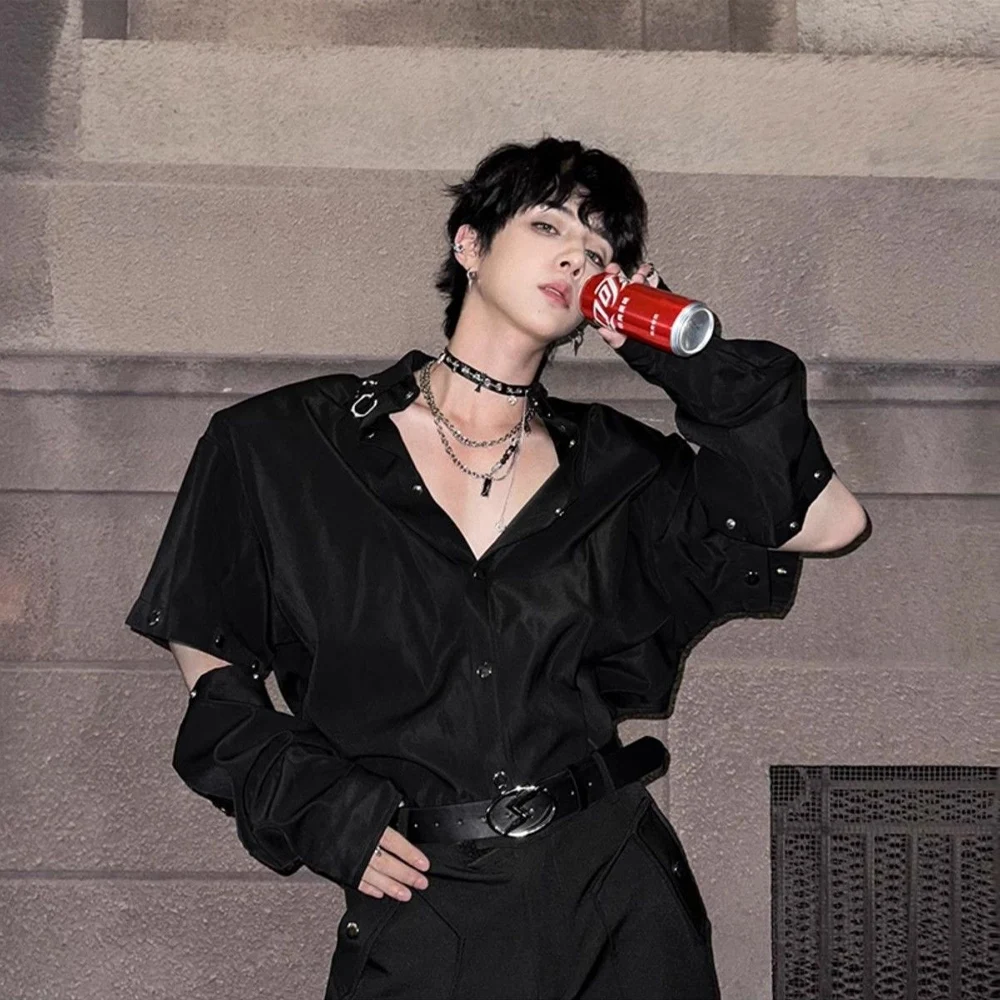 

Modern Gothic Punk Mens Black Long Sleeve Shirt Fashion Streetwear Cool Loose Fit Shirt 2026 New