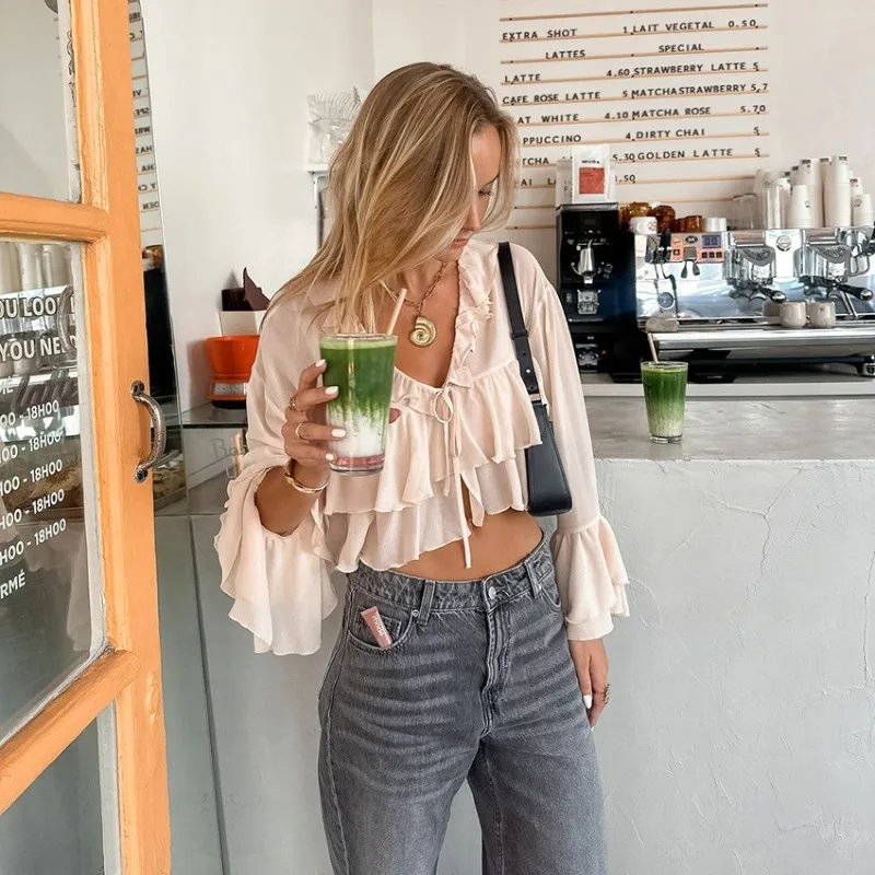 Chiffon-Rüschenhemd für Damen, 2025, Sommer, neuer Stil, französisch, elegant, rosa, V-Ausschnitt, langärmelig, Top, Großhandel für Damenbekleidung