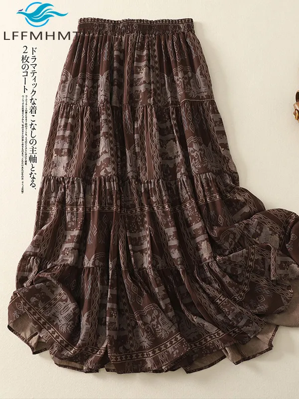 2026 Sommer Neue Mode Damen Retro-Print Locker Lässiger Bohemian Ethno-Stil Elastische Taille Mehrlagiger Midirock Weicher Bequemer Rock