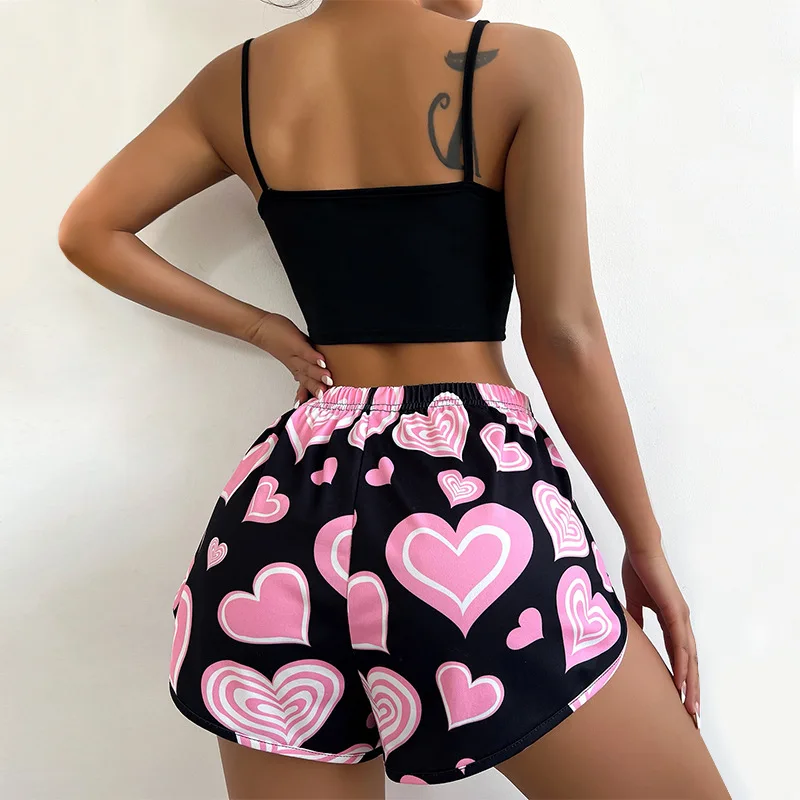 2 Pieces Pajamas for Girls Set Summer Women Sleepwear Short Sleeve Nightgown Female Ladies Sexy Lingerie Pyjamas Heart Print