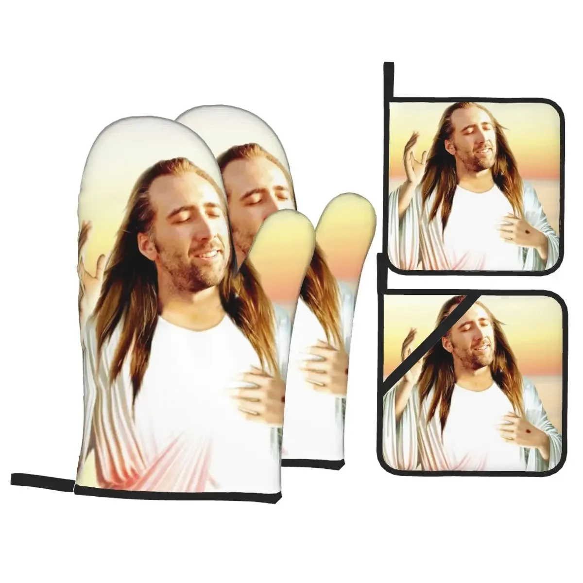 

Custom Nicolas Cage Oven Mitts and Pot Holders 4pcs Set High Heat Resistant Jesus Meme Cooking Baking Gloves for Kitchen BBQ