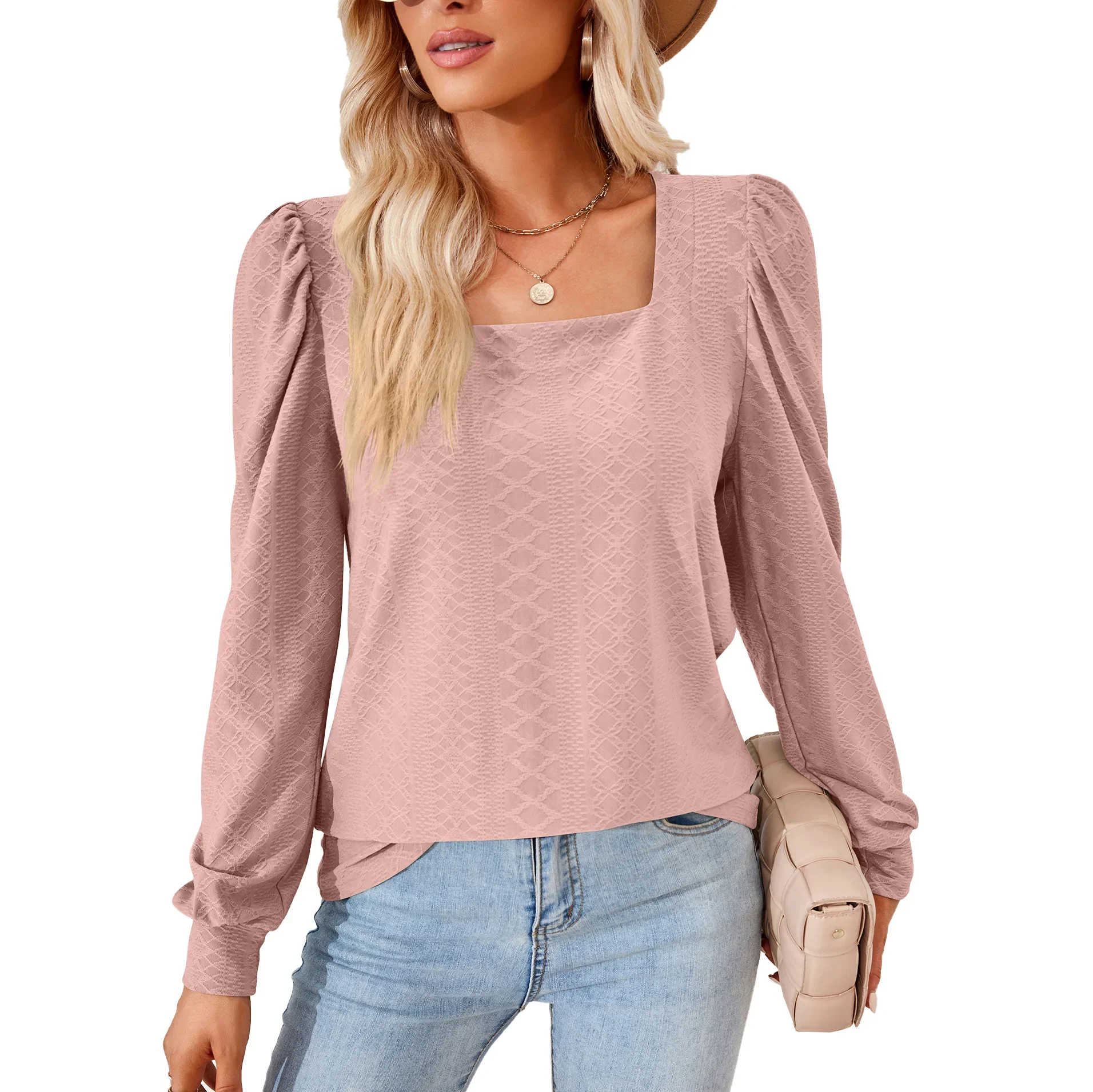 Women's Pleated Loose T-shirt, Long Sleeve, Square Neck, Monochromatic