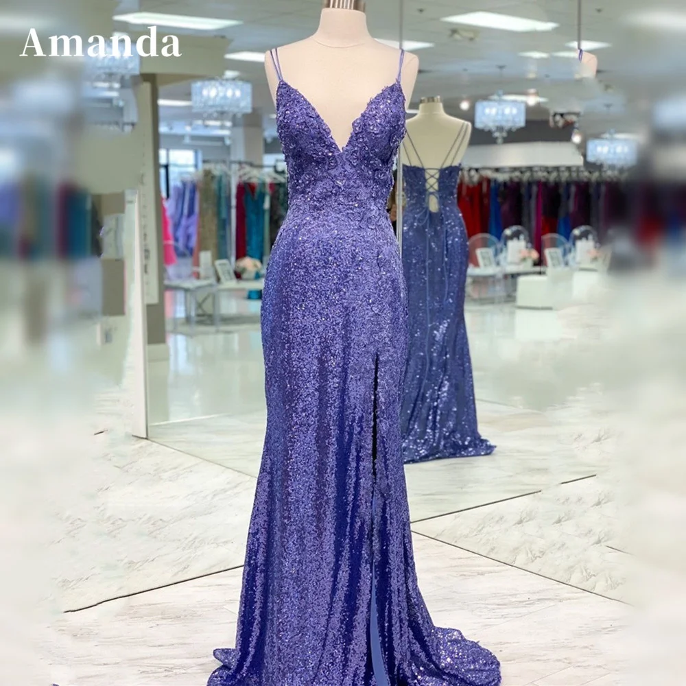 Amanda safira azul vestido de noite glitter sereia vestido de baile 2023 brilhante fishtail vestido de festa rendas até trás back back back back منسبرسمة ة ة ة ة