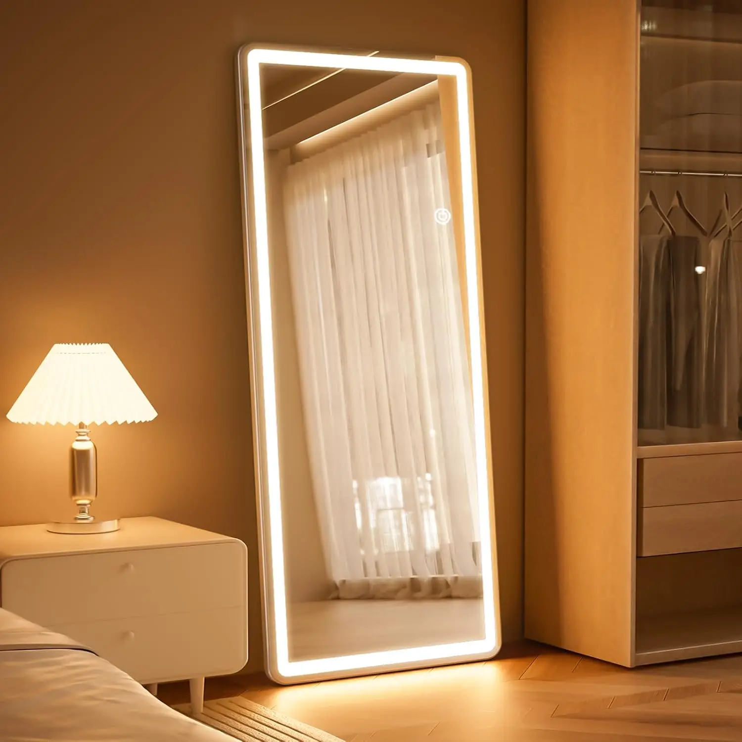 56x20 Inch Dimmable 3 Tone LED Full Length Floor Body Mirror Stepless Brightness Adjustment Memory Function Rounded Corners Stan
