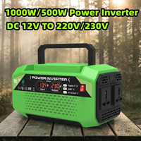 500W 1000W Peak Power Inverter 12V to 220V 110V 2 USB 2 Type C LCD Display 8 Protections Silent Fan for Solar Car Campin