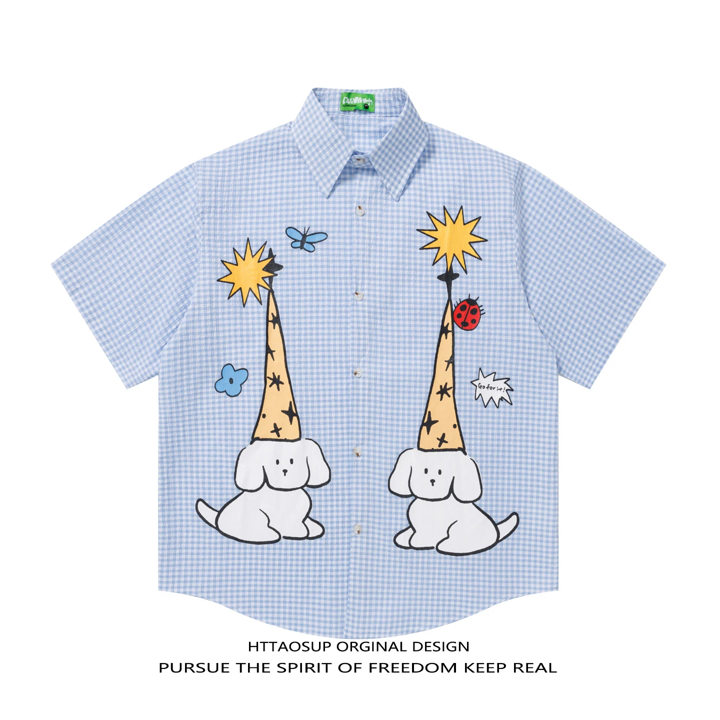 

HTTAOSUP Summer Plaid Cartoon Print Short Sleeve Loose Casual Shirt Unisex Matching Tops for Men And Women