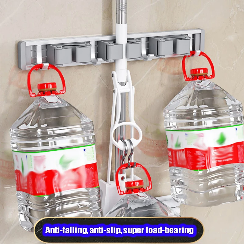 Wall Mounted Mop Holder 3/4/5 Position Multi-Functional Broom Hanger Shelf Home Kitchen Storage Magic Aluminum Alloy Mop Holder