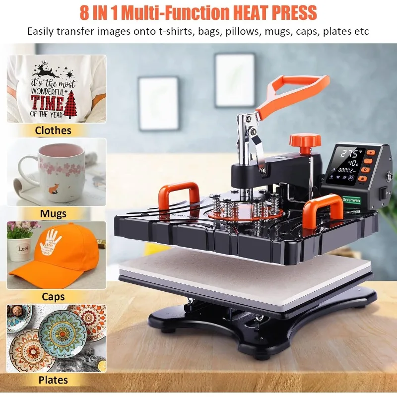 Heat Press Machine, Upgraded 8 in 1 Heat Transfer Machine  with 360 Degree Rotation Swing Away for T-Shirt Hat Cap Mug Plate