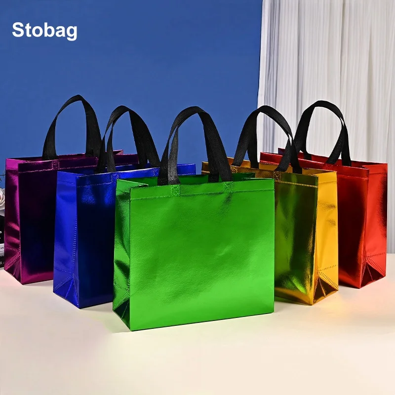 

StoBag 25pcs Wholesale Laser Non-woven Shopping Bags Tote Portable Waterproof Storage Reusable Pouch Custom Logo(Extra Fee)