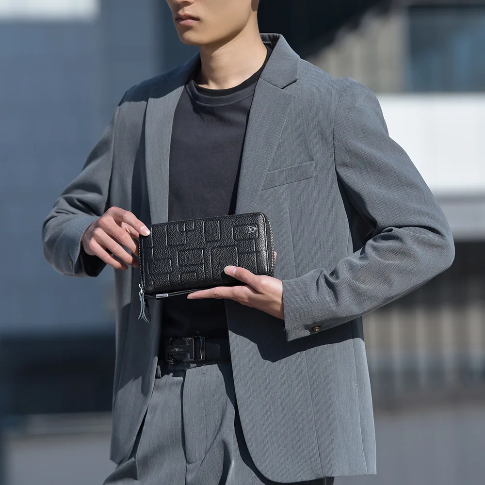 Men's genuine leather clutch, large-capacity mobile phone storage, double-zipper business long wallet