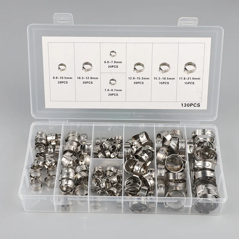 130 ชิ้น 7 ขนาด 304 สแตนเลสสตีลหูเดี่ยวท่อ Clamps 6-21 มิลลิเมตร Crimp ท่อ Clamp Assortment Kit Crimp Pinch Fitting เครื่องมือ