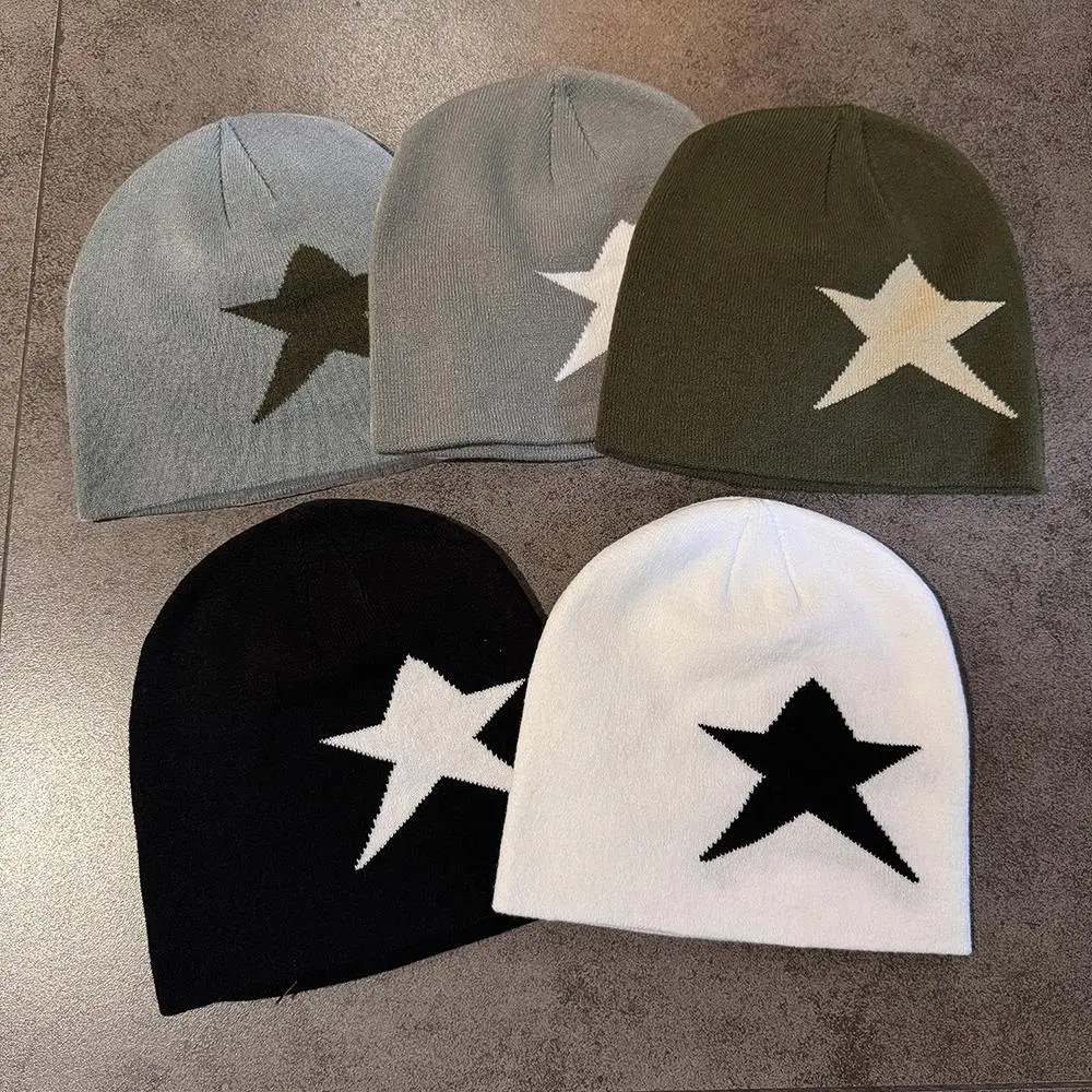 Y2K Cappello lavorato a maglia in stile giapponese Stella Pentagramma Jacquard geometrico Berretti invernali morbidi Cappello a cuffia resistente al freddo per esterni Hip Hop da strada