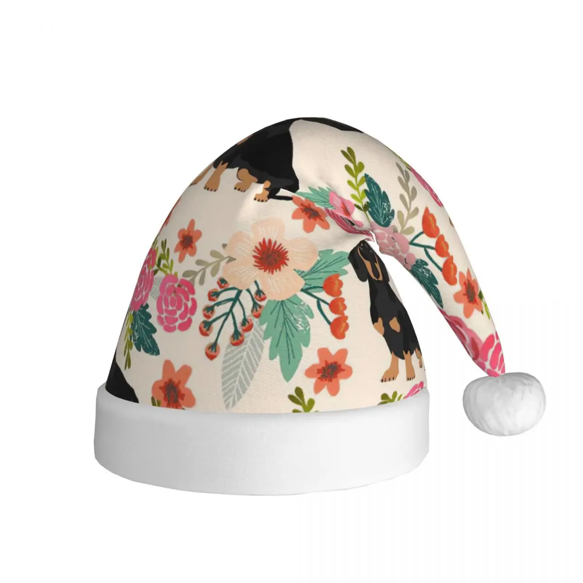 Floral Dachshund Dog Cute Cartoon Christmas Hat for Adult Men Women Animal Cartoon Santa Hat Cap Festival Decoration