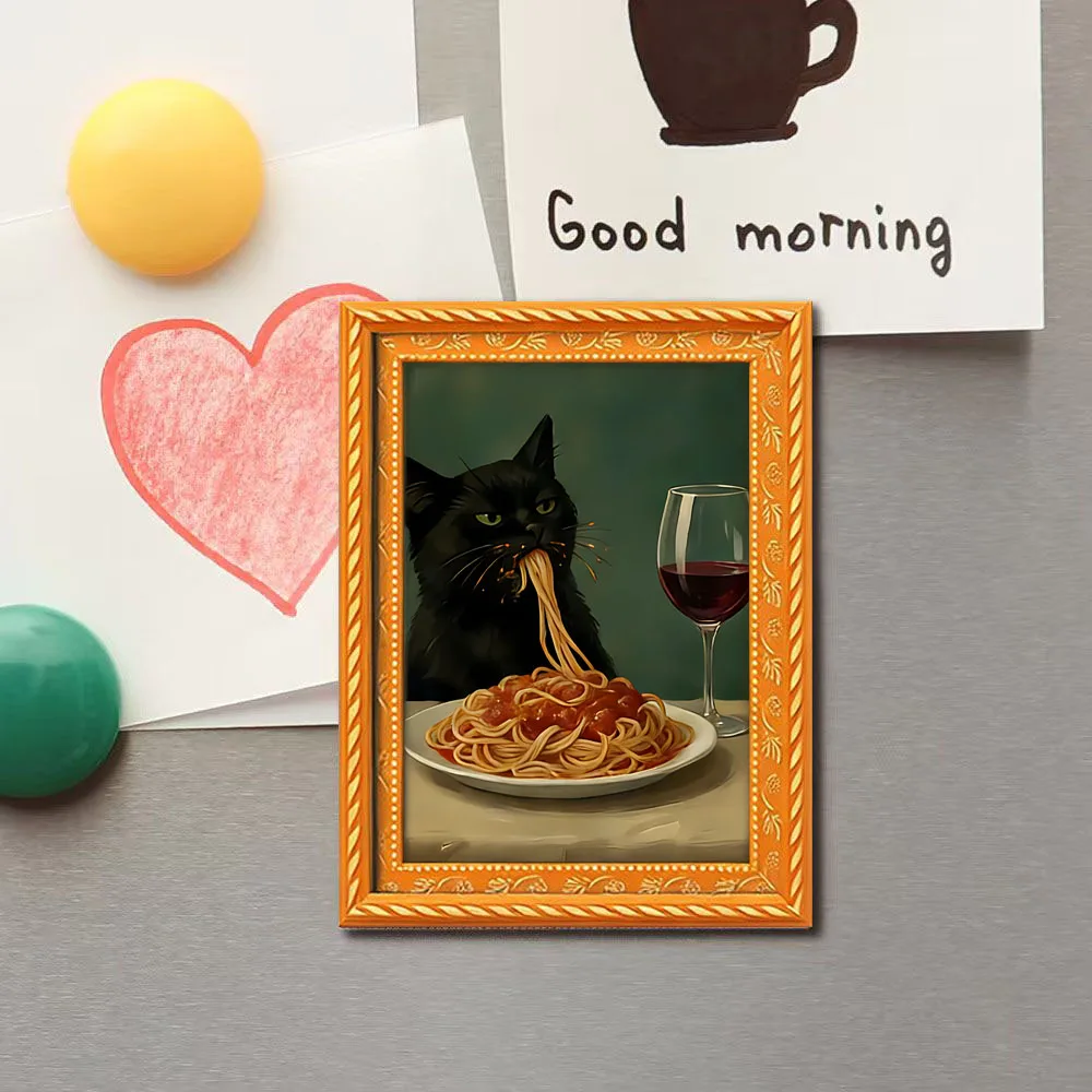 1 Lazy Black Cat Refrigerator Magnet - Mini Wooden Frame Decorative Painting, Featuring a Black Cat Eating Pasta and Drinking Red Wine, Durable and Ideal for Home Kitchen Decoration, Also a Kitchen Accessory, with a Fun Design, Handmade, and Unique