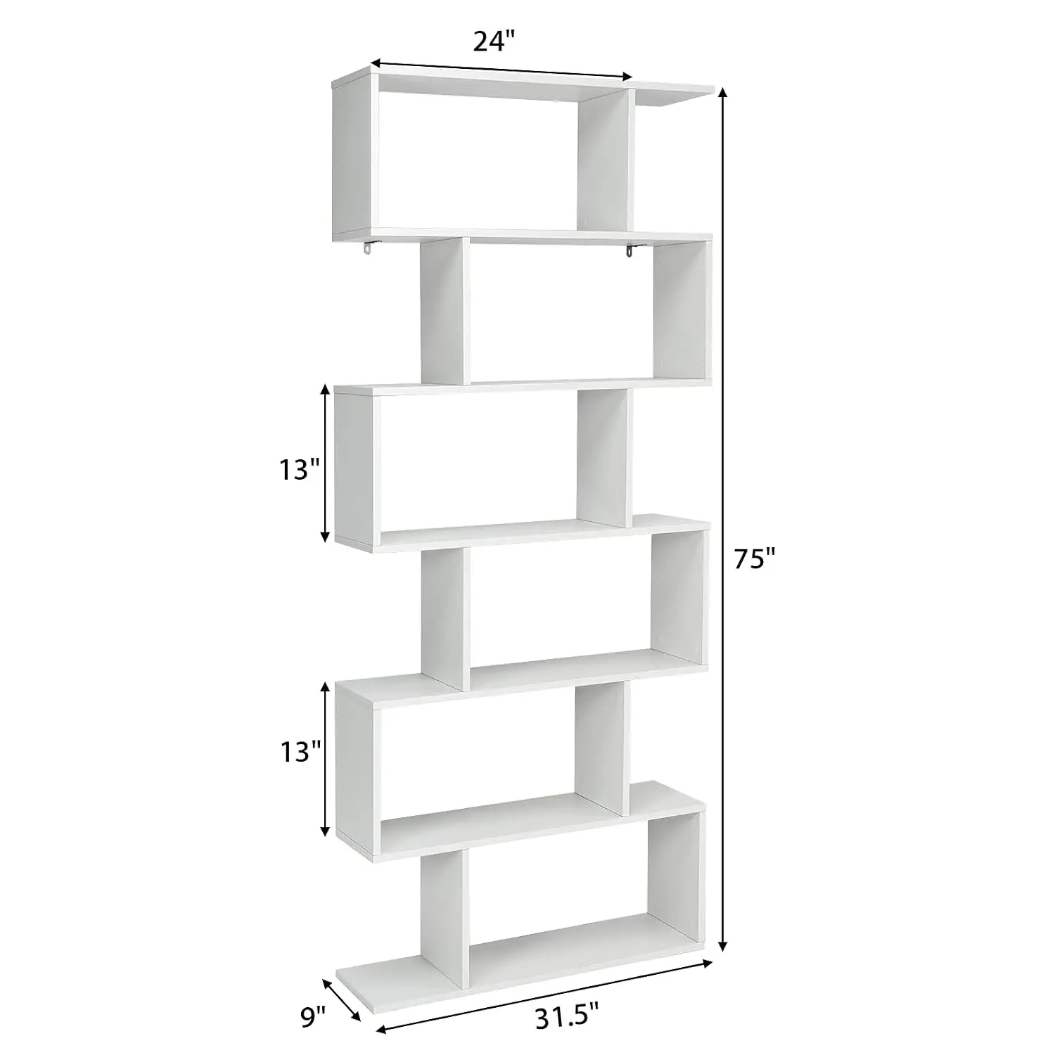 6 Tier S Shaped Wooden Bookcase w/Anti-Toppling Device, Room Divider Shelf for Living Room, 31.5