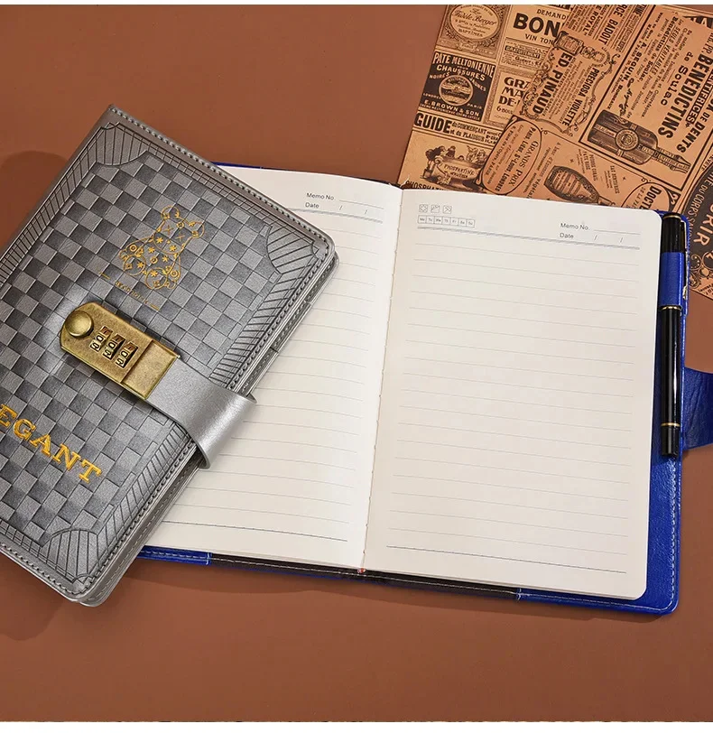 A5 Notebook Vintage Hot Stamping Travel Diary with Lock PU Office Bullets Log Boys Girls Secret Journals School Stationery Gift