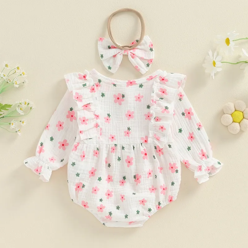 Newborn Baby Girl Bodysuit Outfit Autumn Clothes Long Sleeve Crew Neck Floral Romper with Hairband Fall Clothing