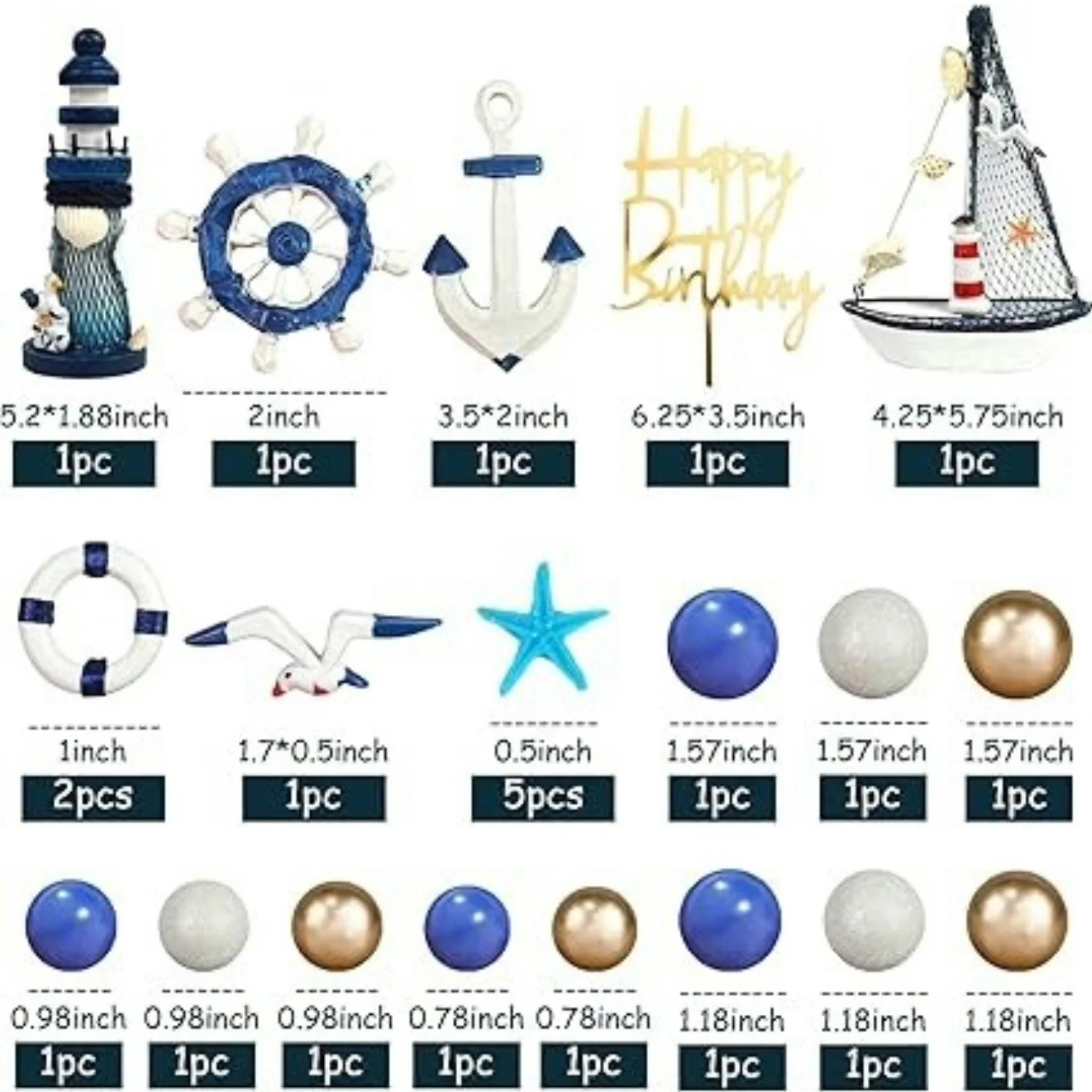 24Pcs Blue White Nautical Theme Cake Topper Anchor Ship Seagull Cake Decorations Birthday Party Summer Ship Party Picks Supplies