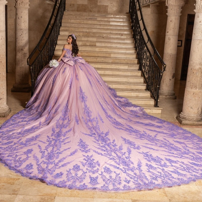 

Light Pink Shiny Ball Gown Quinceanera Dresses Sequin Applique Lace Beading Crystal Bow tiered Tull Corset Off The Shoulder Swee