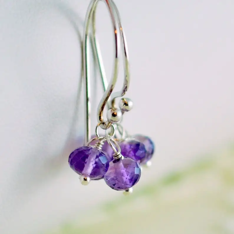 Purple Earrings, Amethyst Gemstone Drops, February Birthstone, Wire Wrapped, Sterling Silver Jewelry