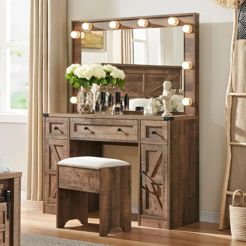 Farmhouse Vanity Desk with Makeup Mirror - Ample Storage Space with 3 Drawers & 2 Cabinets - Detachable Light Bulbs