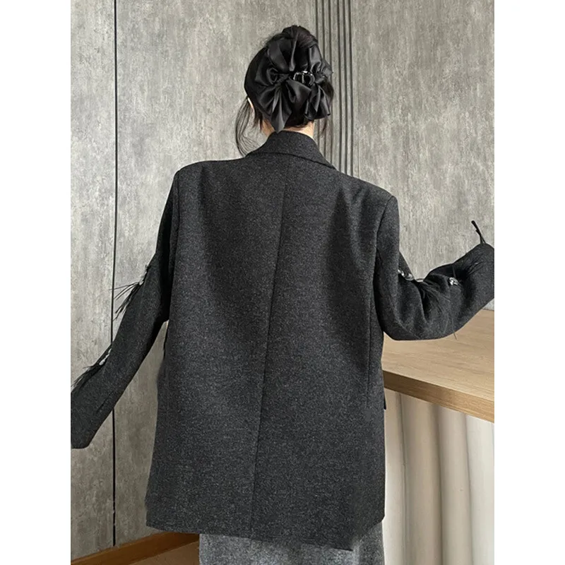 YERMORA Blazer Kasual Hangat Berumbai Rhinestone Abu-abu Untuk Wanita Kerah Lapel Lengan Panjang Longgar Jaket Baru Mode Musim Gugur Musim Dingin 2025