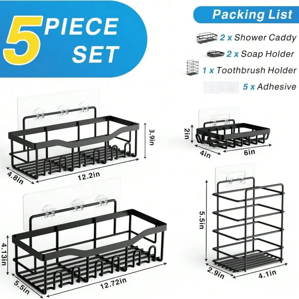5pcs Adhesive Shower Caddy Organizer: A Rust-Proof Storage Revolution thumbnail