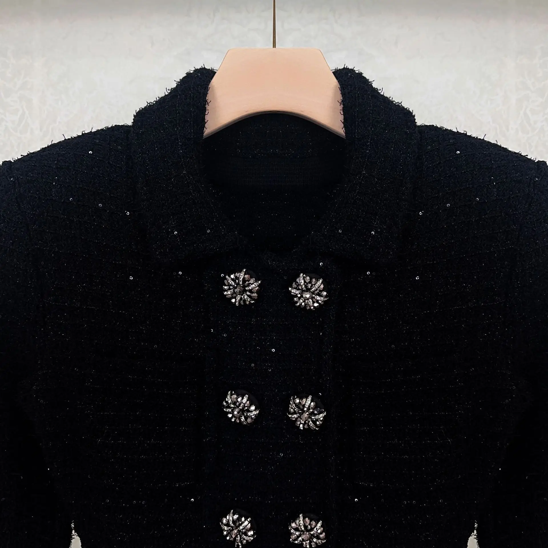 Luxury Quality Double Breasted Diamond Sequin Knitting Evening Dress Women Long Sleeve Peplum Midi Party Dresses Black Knitwear