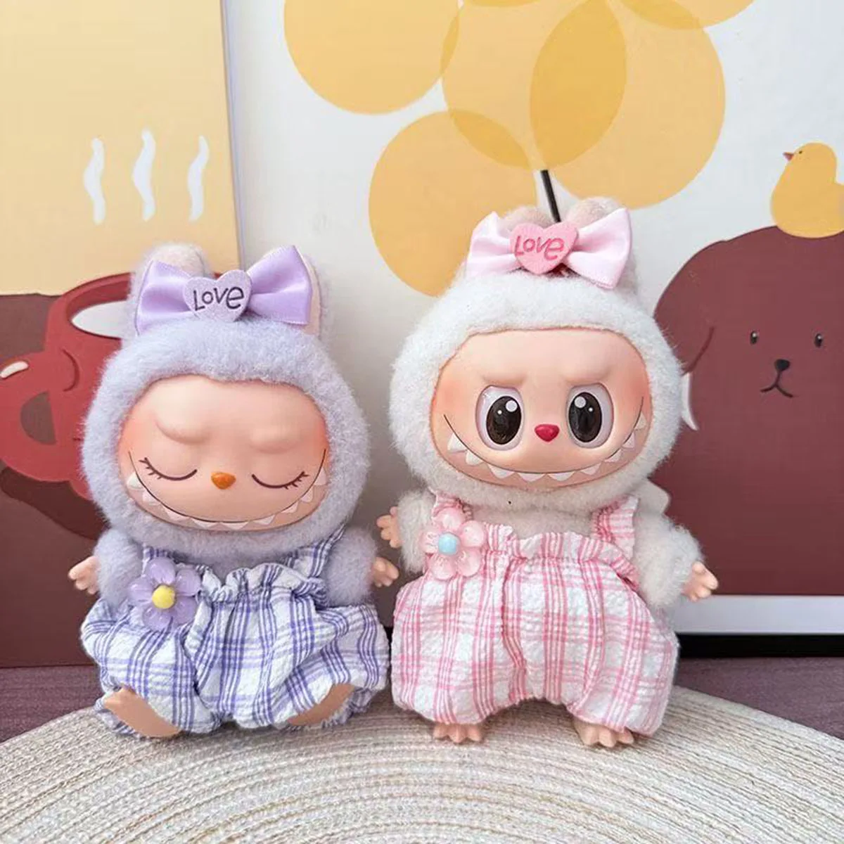 귀여운 미니 봉제 인형 옷 체리 슈트 17cm Labubu 옷 체크 점프 슈트 보우 복장 액세서리 패션 선물