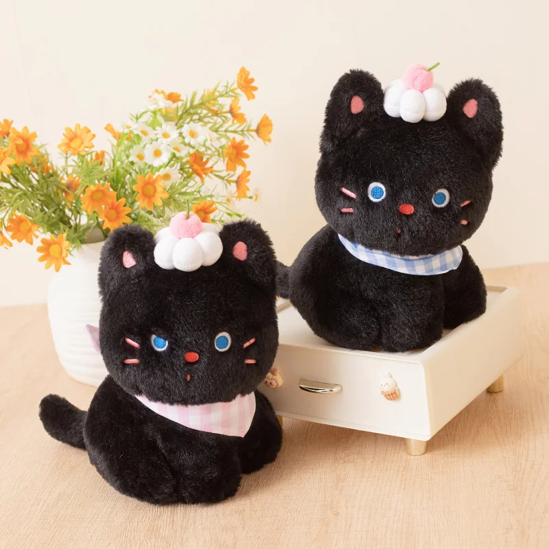 Kawaii Black Cat Plush Toy Cute Cat With Cream Cake Decor Plush Doll Sweet Companion Doll Birthday Gift