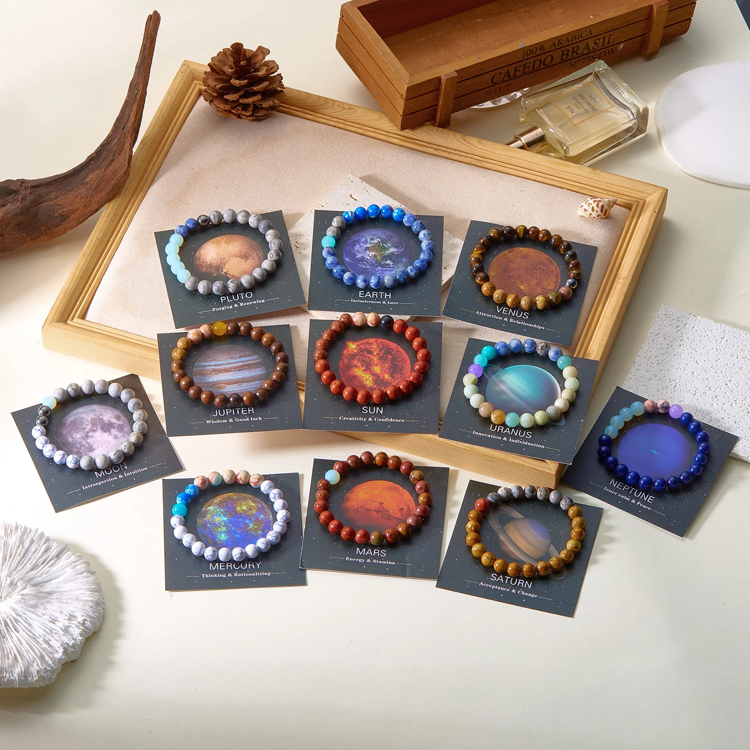 8MM Natural  Stone Bead Outer Space Planets Bracelet Homme Quartz Lava Tiger Eye Bracelet  Jewelry for Women Men Gift