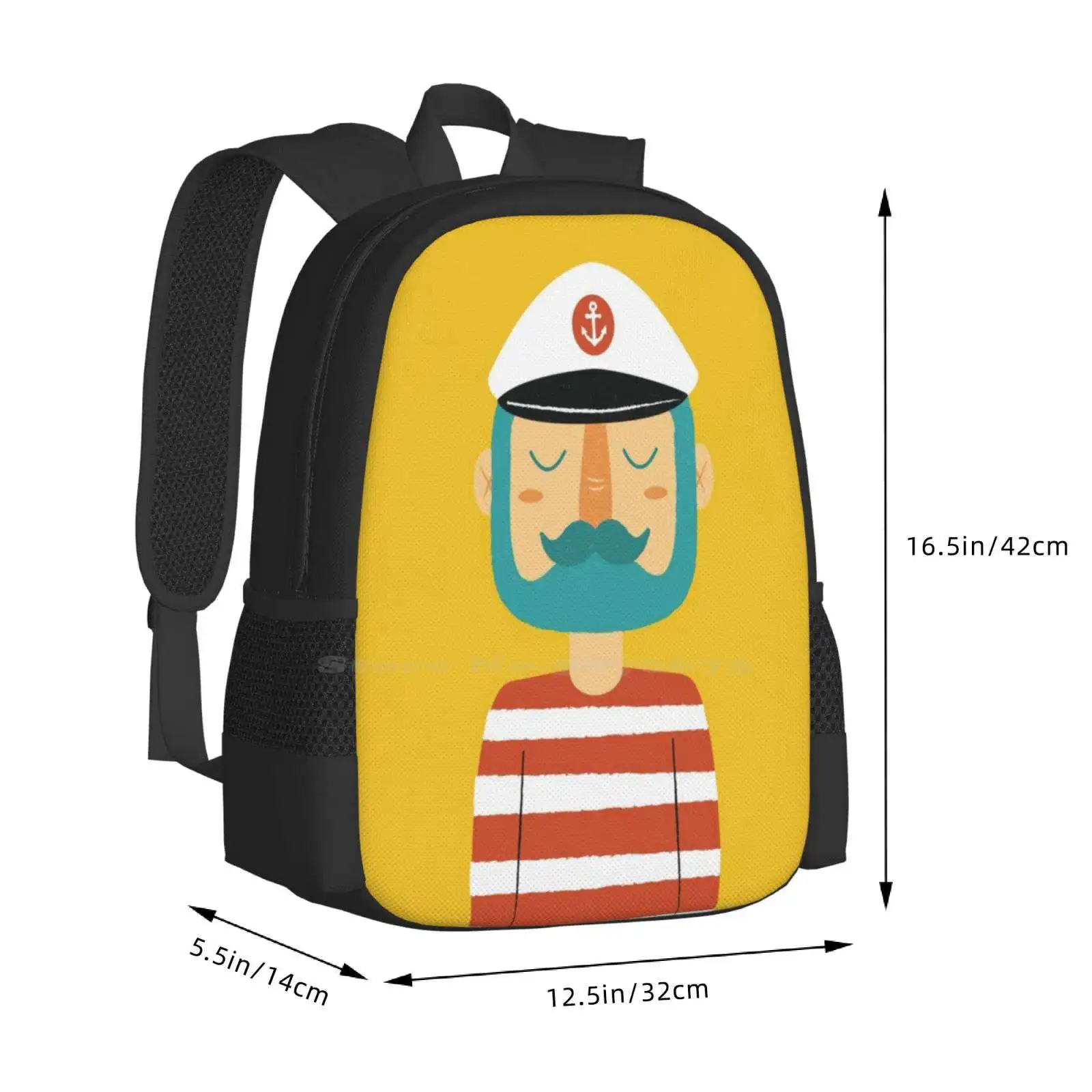 Ahoy-mochila de marinero para estudiante, bolsa de viaje para ordenador portátil, Capitán marinero, ancla, Océano, mar, barba, bigote, personaje, pescador