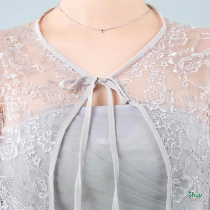 Dropship Womens Wedding Bridal Shawl Wrap Capelet See-Through Floral Lace for Jacket Tulle Cape Bridesmaid Lace-Up Shrug