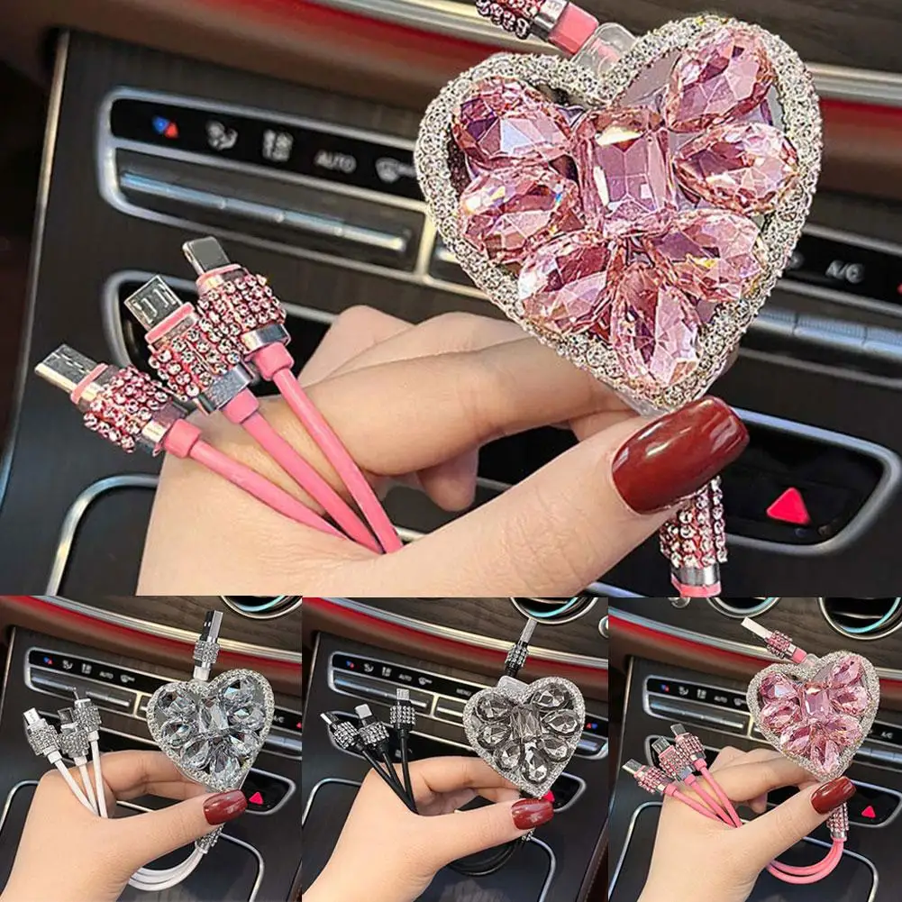Schnellladekabel 3-in-1 USB-Kabel Bling Diamond Goddess Love Autoladegerät Handgefertigte Strasssteine Kristall Autodekorationen