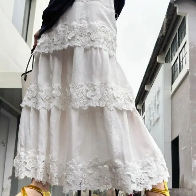 

Новая модная юбка с кружевными вставками для женщин, элегантная летняя юбка с эластичной талией, повседневная свободная многослойная юбка, однотонная юбка-жупе