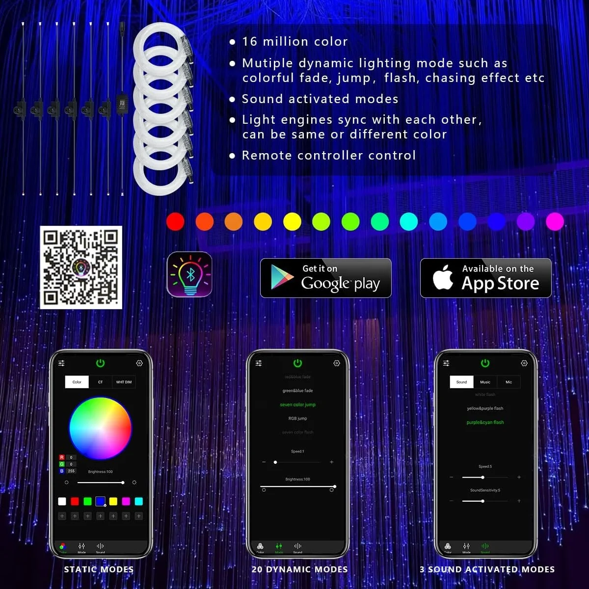 6 In 1 Fiber Optic Hanging Decor Light Music Sync RGB Dynamic Super Twinkle Starlight Kit Indoor Party Atmosphere Lamp